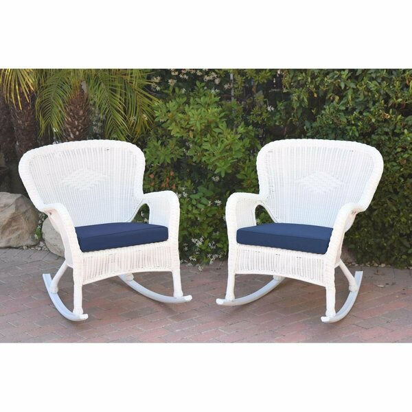 Jeco W00213-R-2-FS011 Windsor White Resin Wicker Rocker Chair with Blue Cushion, 2PK W00213-R_2-FS011